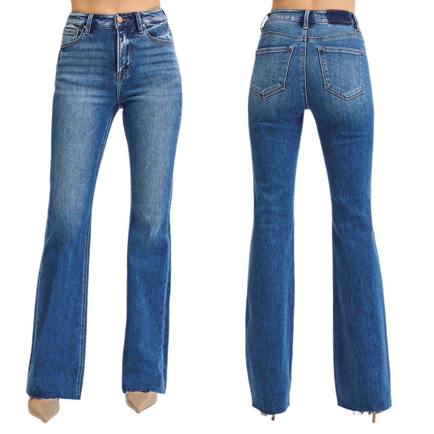 RISEN High-Rise Retro 70s Flare Leg Wide Cut Raw Hem Pants Slim Fit Denim Jeans