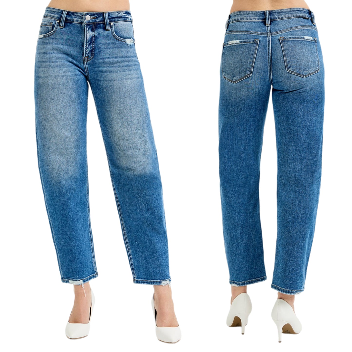 RISEN Slim Barrel High-rise Waist Tapered Ankle Jeans Distressed Raw Hem Denim Pants