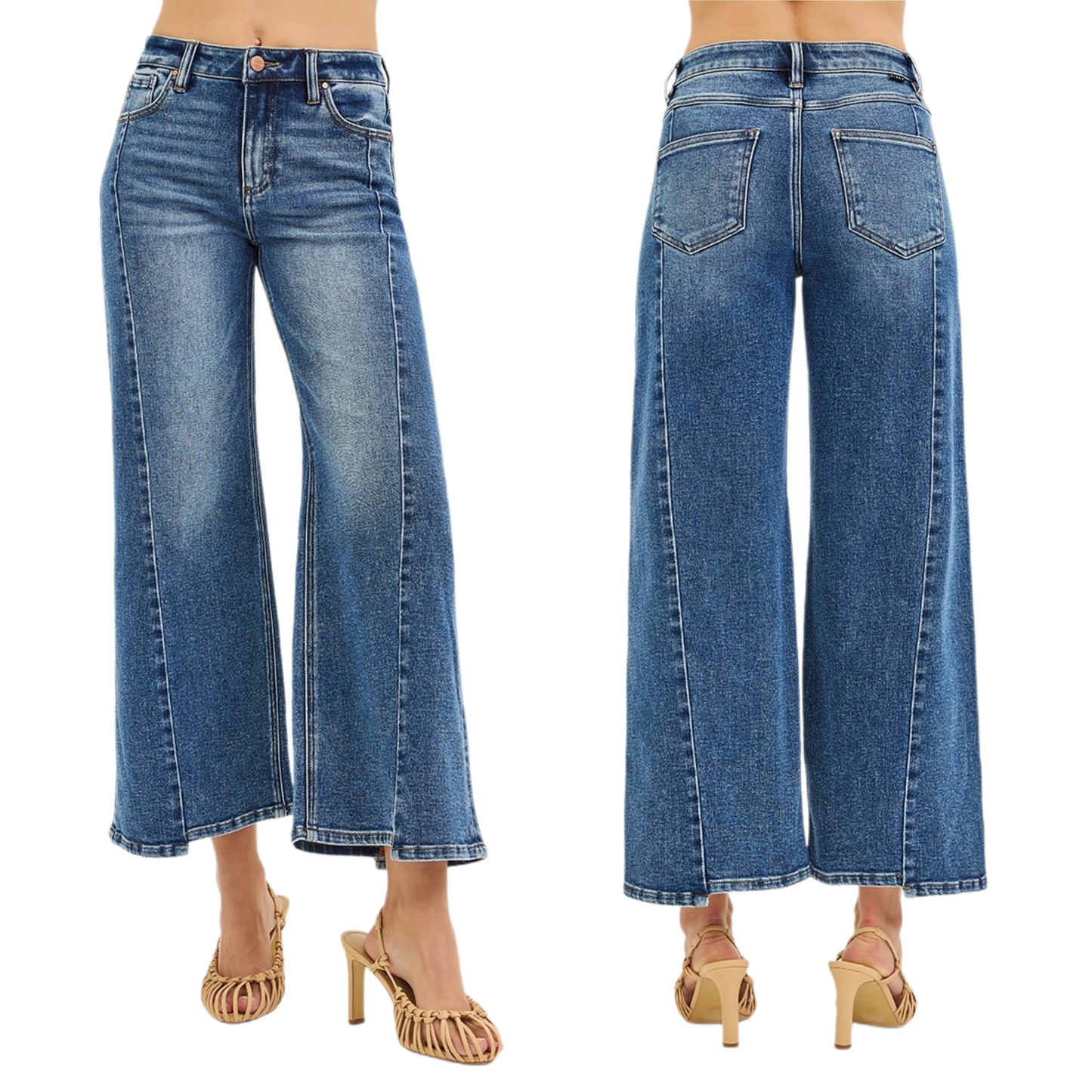 RISEN High-Rise Baggy Ultra Wide Leg Palazzo Pants Cropped Uneven Step Hem Denim Jeans