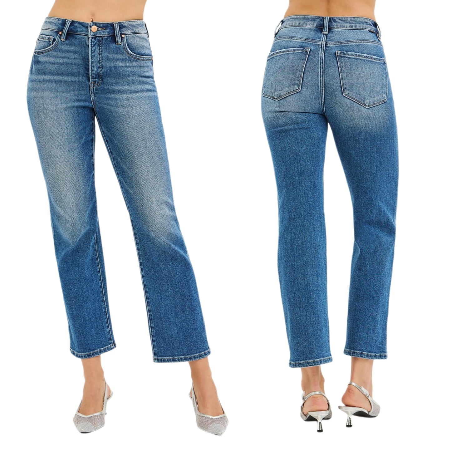 RISEN Tummy Control High-Rise Slim Fit Straight Leg Cropped Jeans Denim Pants