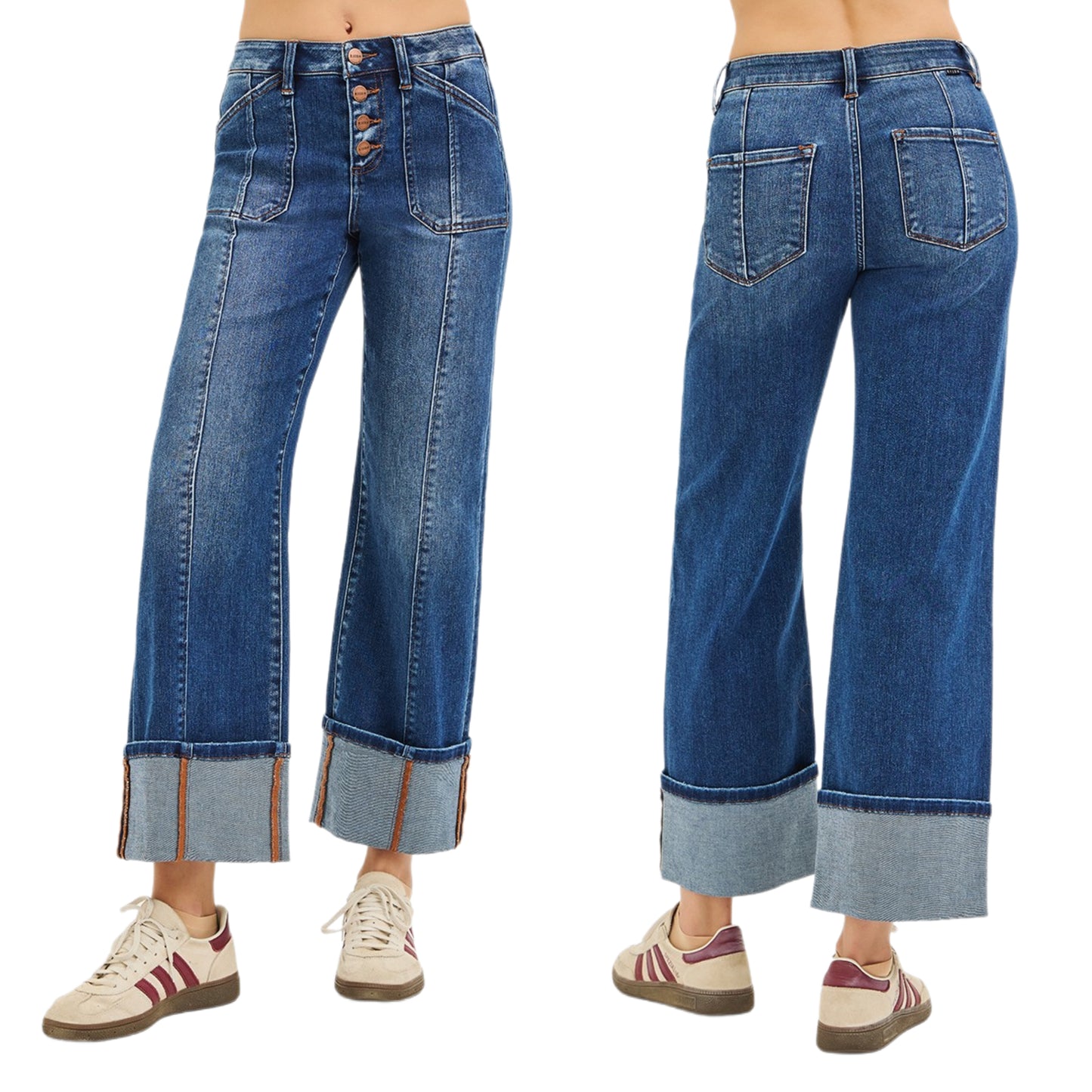 RISEN High-Rise Button Fly Slim Fit Pants Wide Leg Cuff Cropped Hem Denim Jeans Plus Size Available