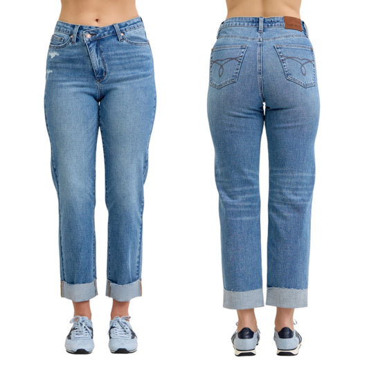 Judy Blue High-Rise Criss-Cross Button Boyfriend Jeans Straight Leg Cuff Denim Pants