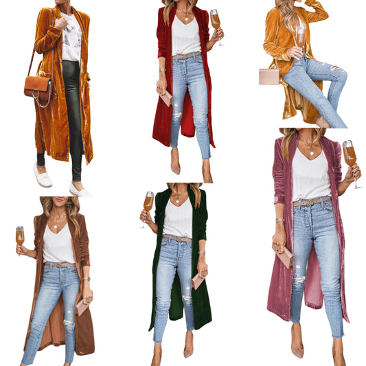 Retro Velour 70s Longline Open Front Pocket Cardigan Split Hem Sweater Duster Jacket