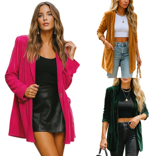 Retro Velour Oversized Boyfriend Blazer 70s Long Sleeve Button Front Pocket Jacket