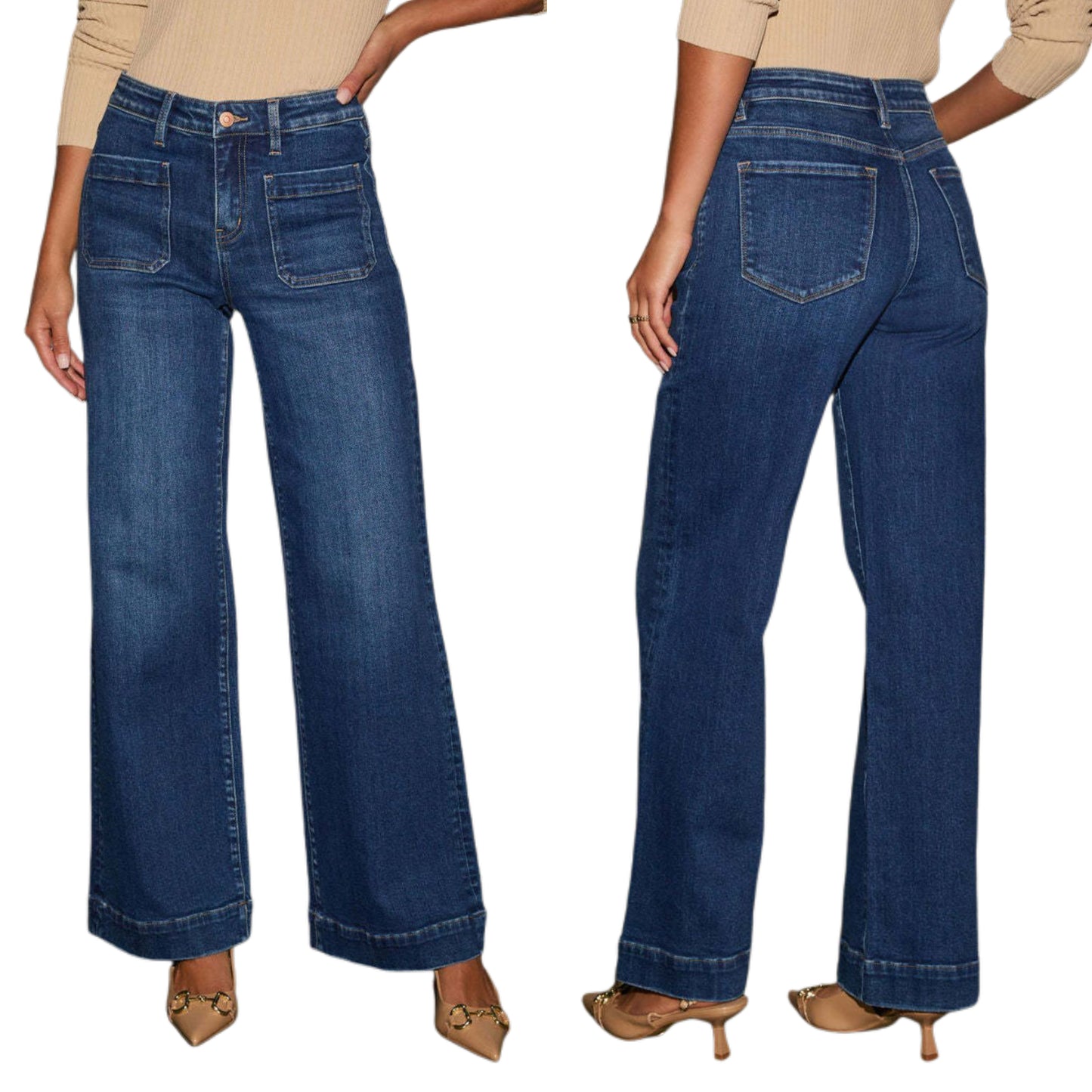 Retro High-Rise 70s Patch Pocket Pants Slim Fit Vintage Wash Wide Leg Denim Jeans