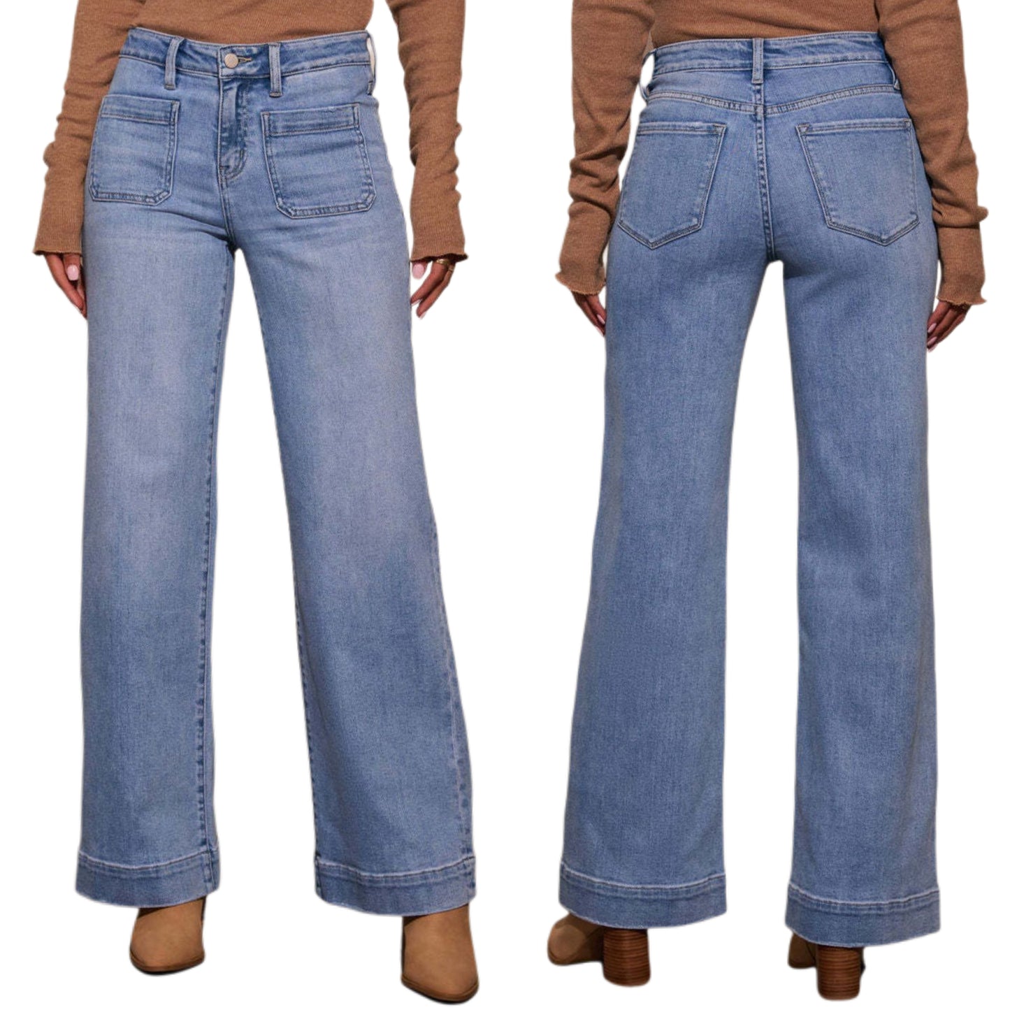 Retro High-Rise 70s Patch Pocket Pants Slim Fit Vintage Wash Wide Leg Denim Jeans