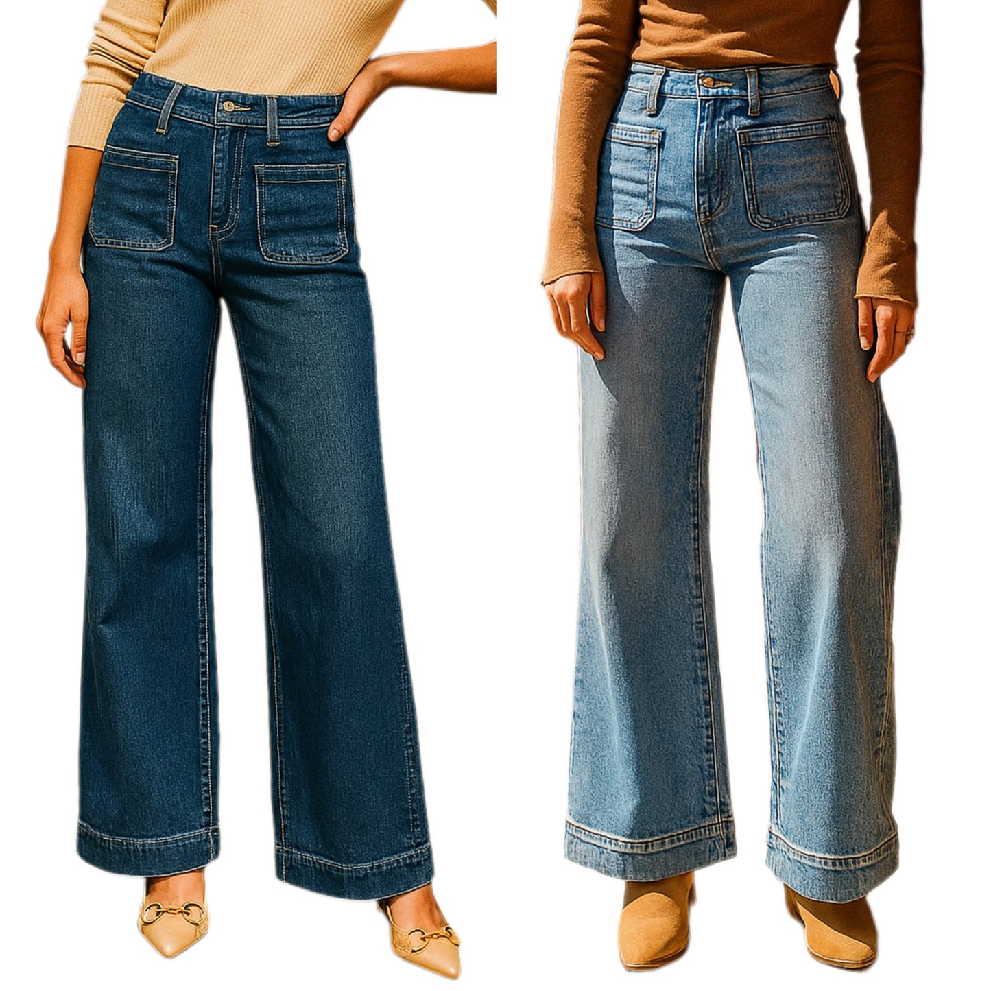 Retro High-Rise 70s Patch Pocket Pants Slim Fit Vintage Wash Wide Leg Denim Jeans