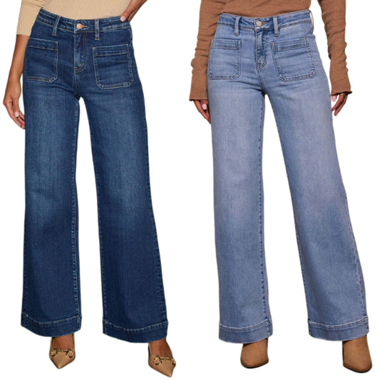 Retro High-Rise 70s Patch Pocket Pants Slim Fit Vintage Wash Wide Leg Denim Jeans