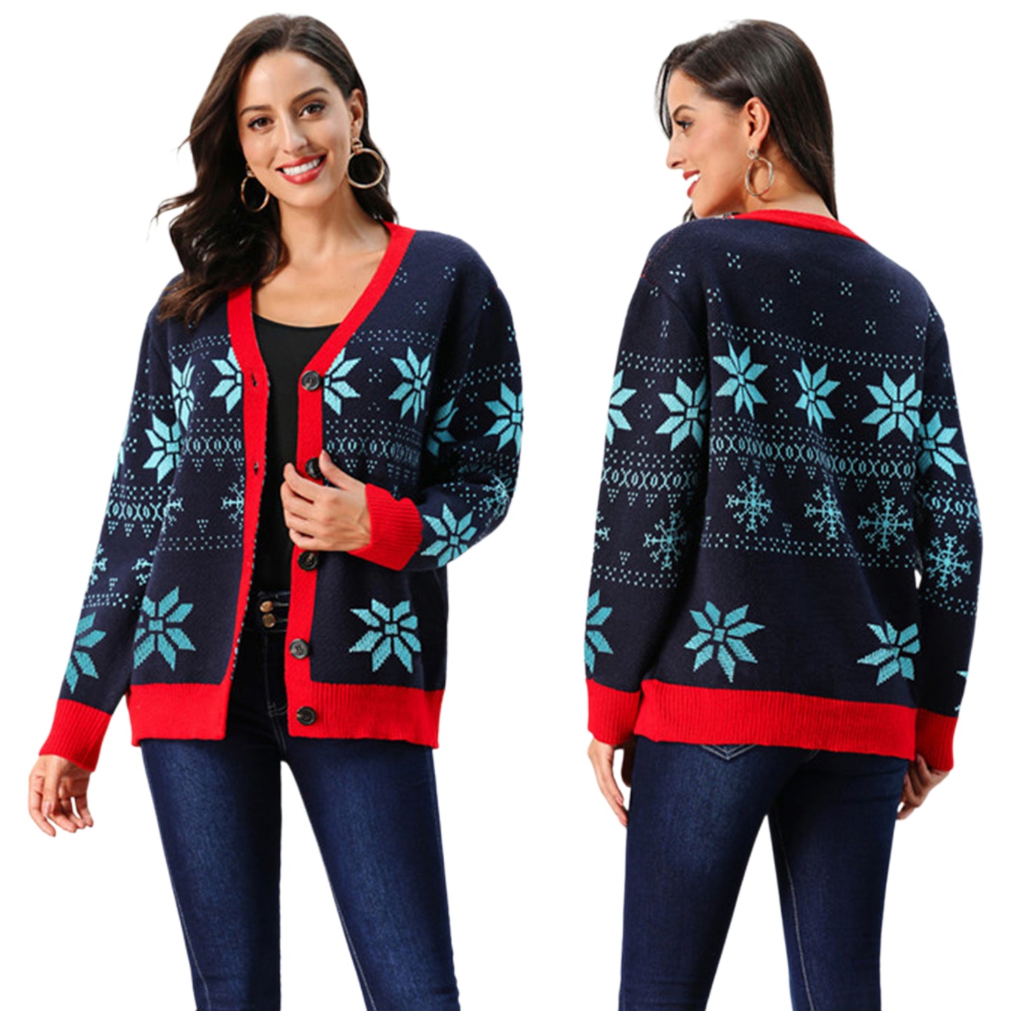 Snowflake Retro Knit Holiday Cardigan Button Front Thick Colorful Sweater Festive Winterwear