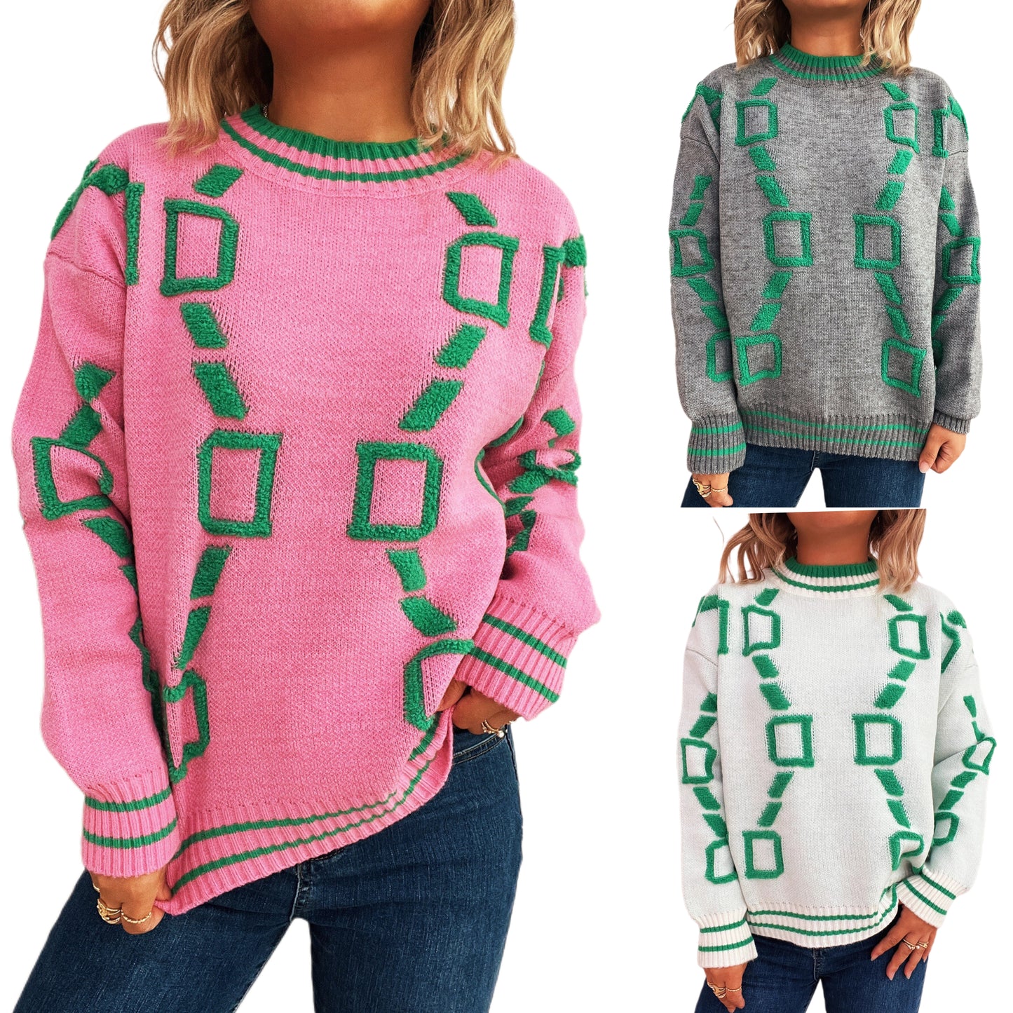 Contrasting Link Raised Shag Long Sleeve Pullover Sweater College Winter Knit Top
