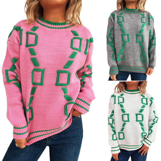 Contrasting Link Raised Shag Long Sleeve Pullover Sweater College Winter Knit Top