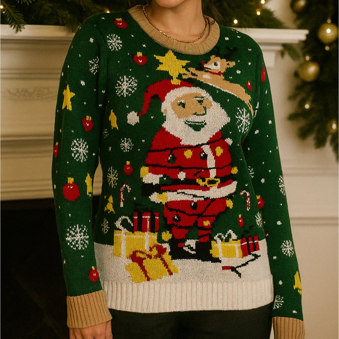 Santa Claus Reindeer Knit Holiday Pullover Top Christmas Sweater Long Sleeve Shirt