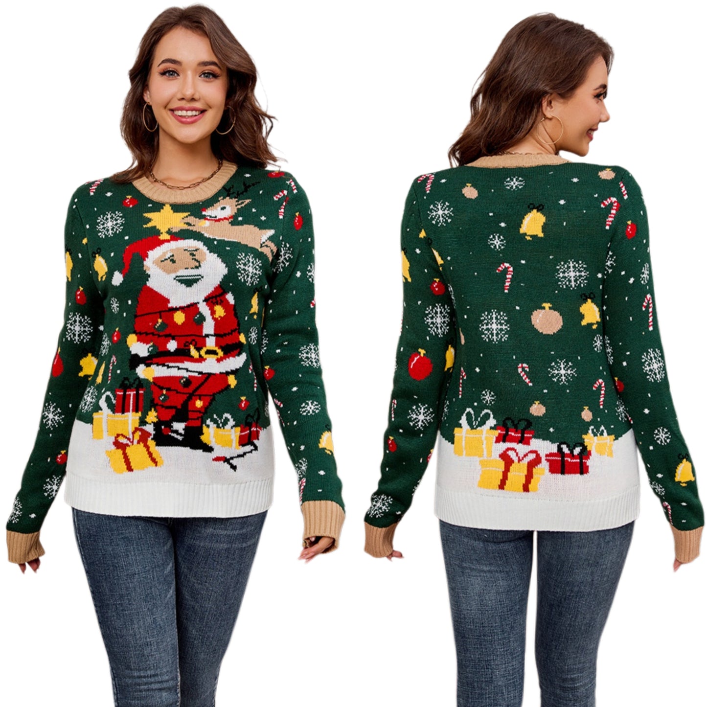 Santa Claus Reindeer Knit Holiday Pullover Top Christmas Sweater Long Sleeve Shirt