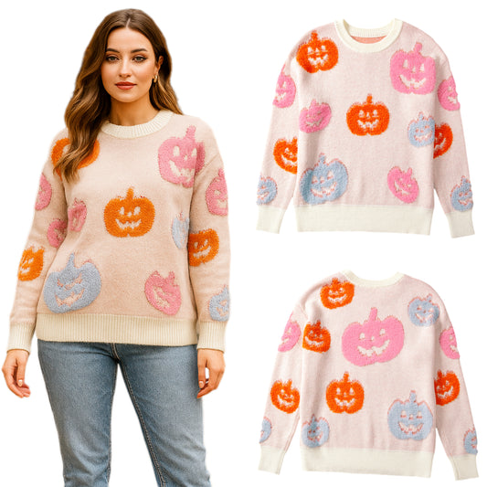 Colorful Pumpkin Patch Shag Knit Sweater Chenille Raised Jacquard Halloween Shirt