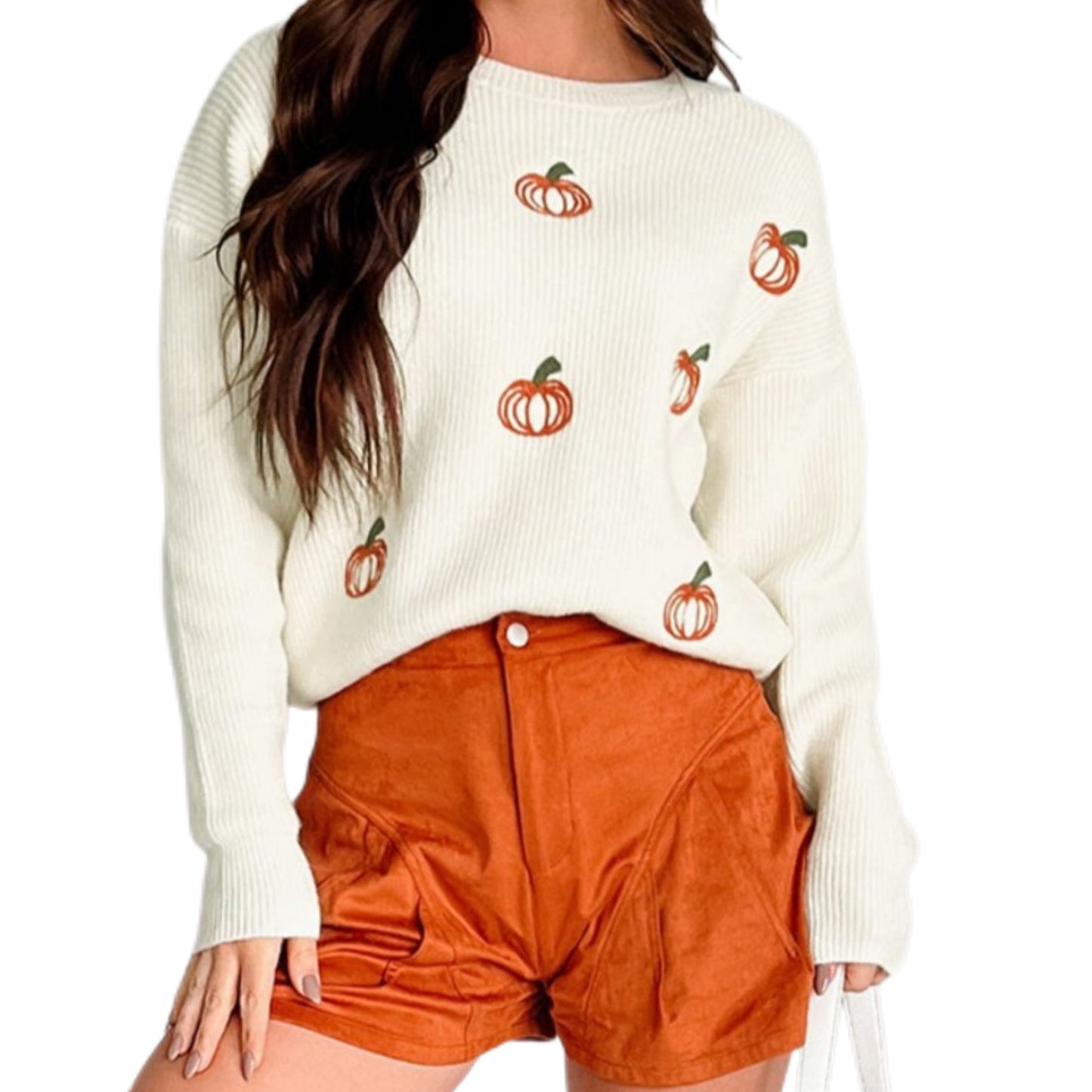 Pumpkin Embroidered Top Round Neck Long Sleeve Sweater Halloween Ribbed Shirt