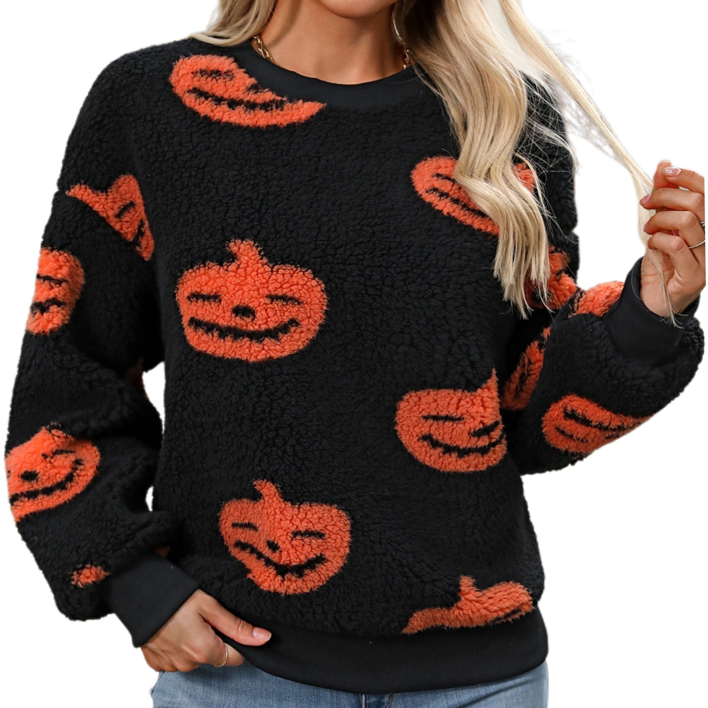 Pumpkin Fuzzy Teddy Sweater Sherpa Fleece Halloween Jacket-o-Lantern Shirt
