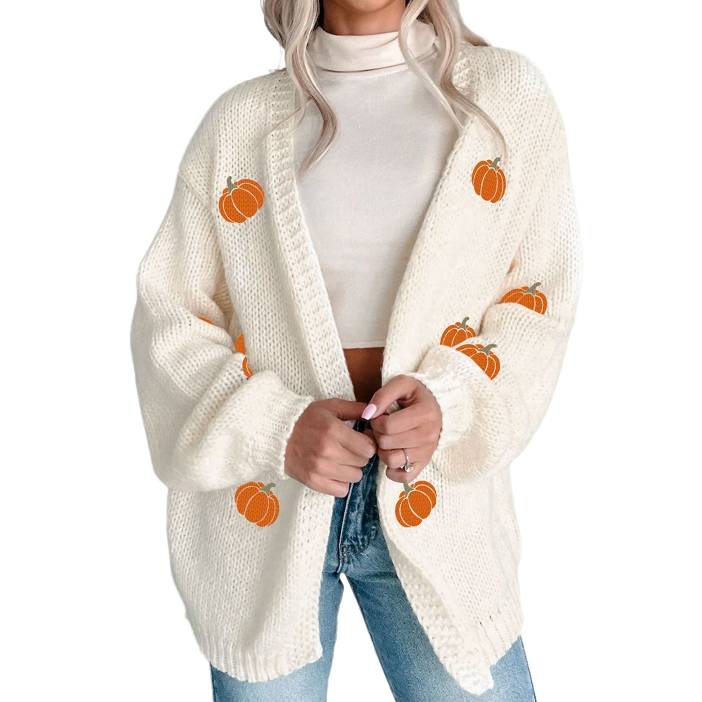 Embroidered Halloween Pumpkin Knit Cardigan Open Front Oversized Sweater