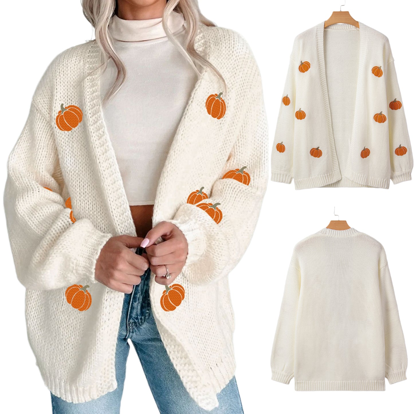 Embroidered Halloween Pumpkin Knit Cardigan Open Front Oversized Sweater