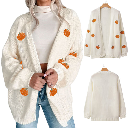 Embroidered Halloween Pumpkin Knit Cardigan Open Front Oversized Sweater