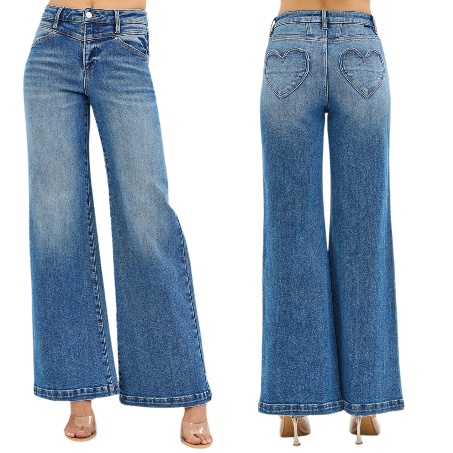 RISEN Heart Pocket High-Rise Wide Leg Jeans Yoke Waist Relaxed Fit Denim Pants