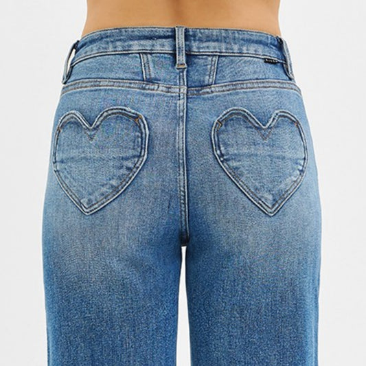 RISEN Heart Pocket High-Rise Wide Leg Jeans Yoke Waist Relaxed Fit Denim Pants