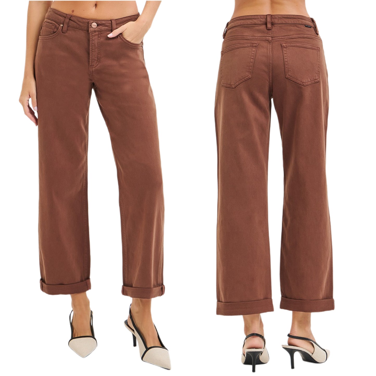 RISEN Mid-Rise Tummy Control Barrel Jeans Baggy Leg Rolled Hem Denim Pants Plus Size Available