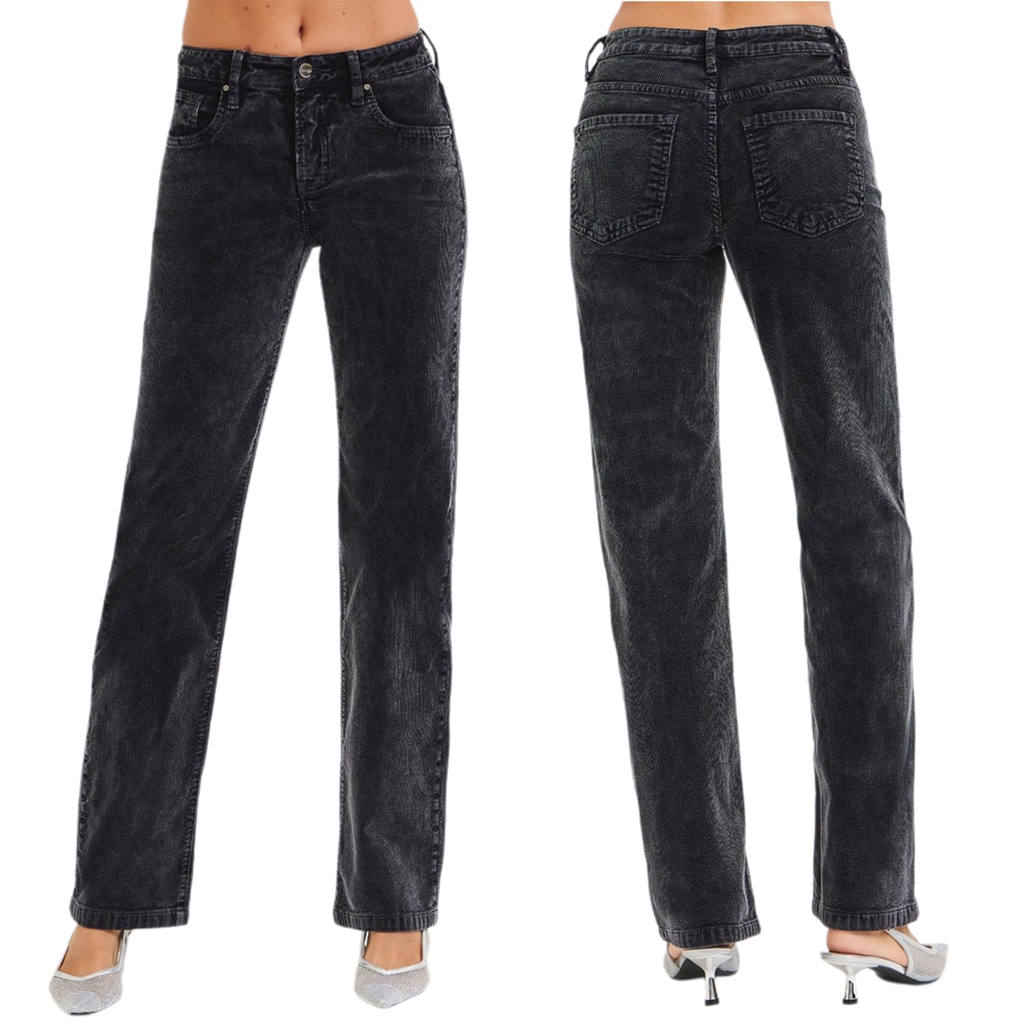 RISEN Mid-Rise Tummy Control Pants Corduroy Relaxed Fit Straight Leg Jeans