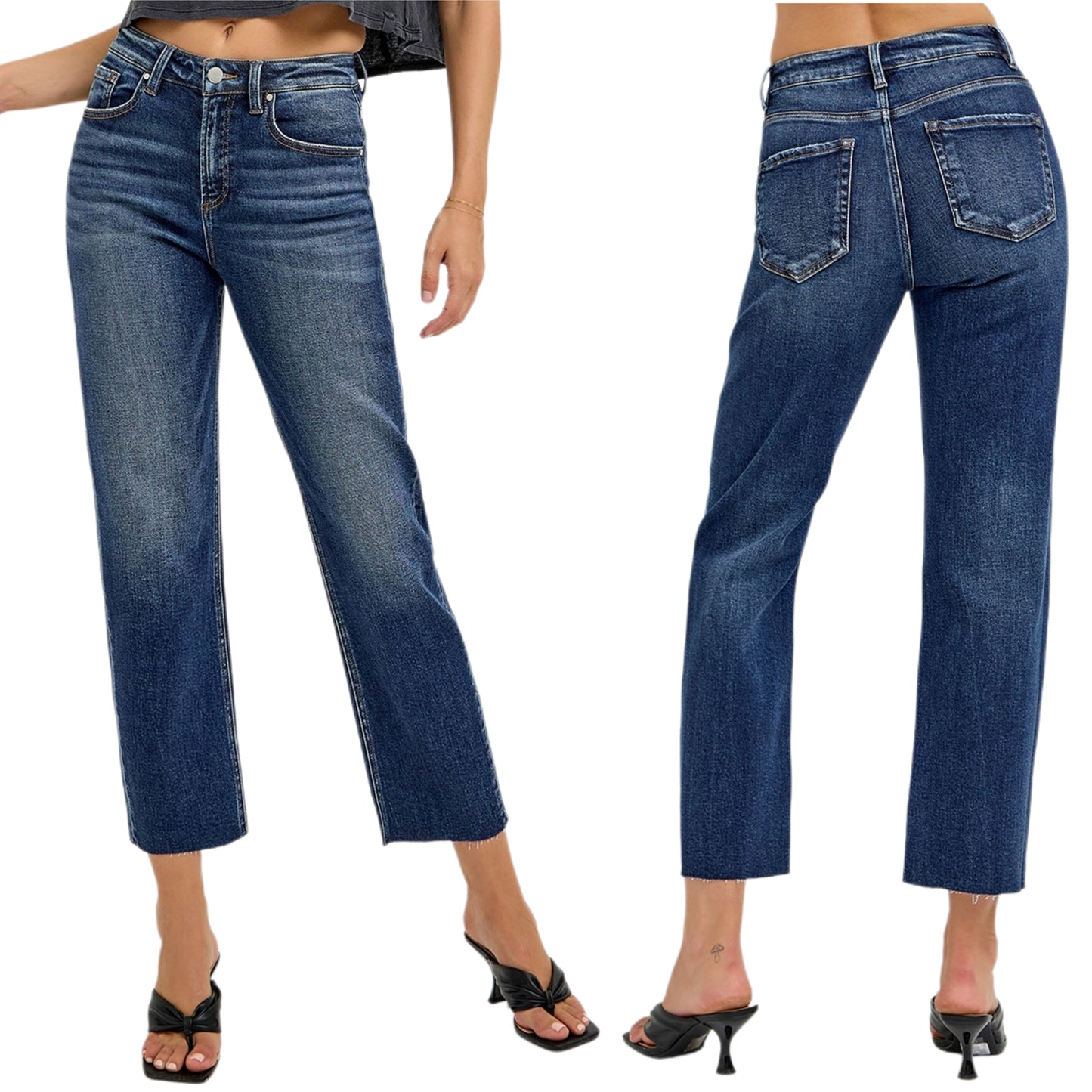 RISEN Slim Barrel High-rise Waist Tapered Ankle Jeans Cut-off Raw Hem Denim Pants