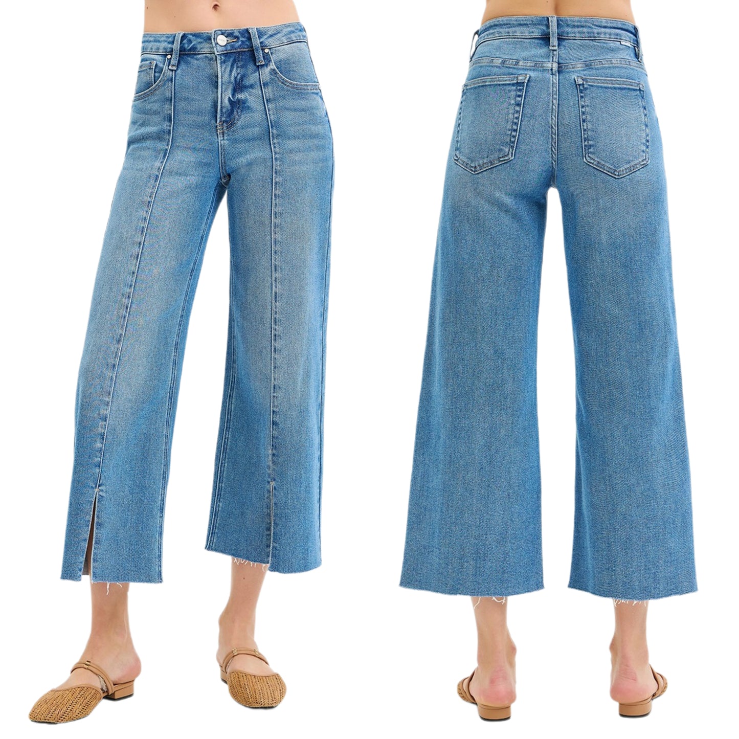 RISEN Mid-Rise Tummy Control Pintuck Seam Wide Leg Pants Slit Hem Denim Jeans