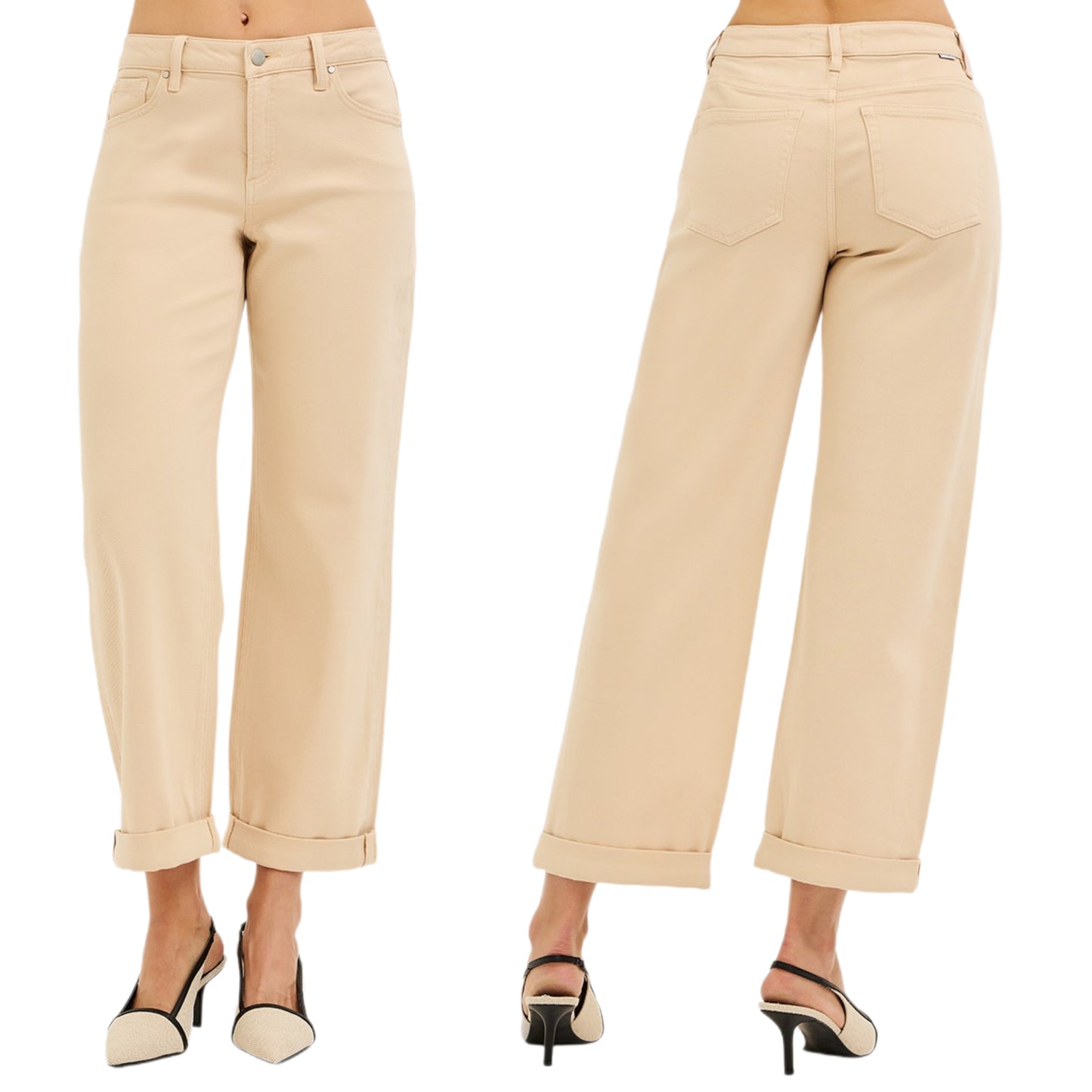 RISEN Baggy Barrel Jeans Mid-Rise Tapered Wide Leg Rolled Hem Ankle Denim Pants