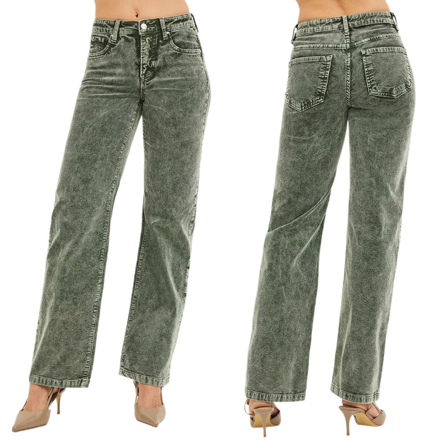 RISEN Mid-Rise Tummy Control Pants Corduroy Relaxed Fit Straight Leg Jeans