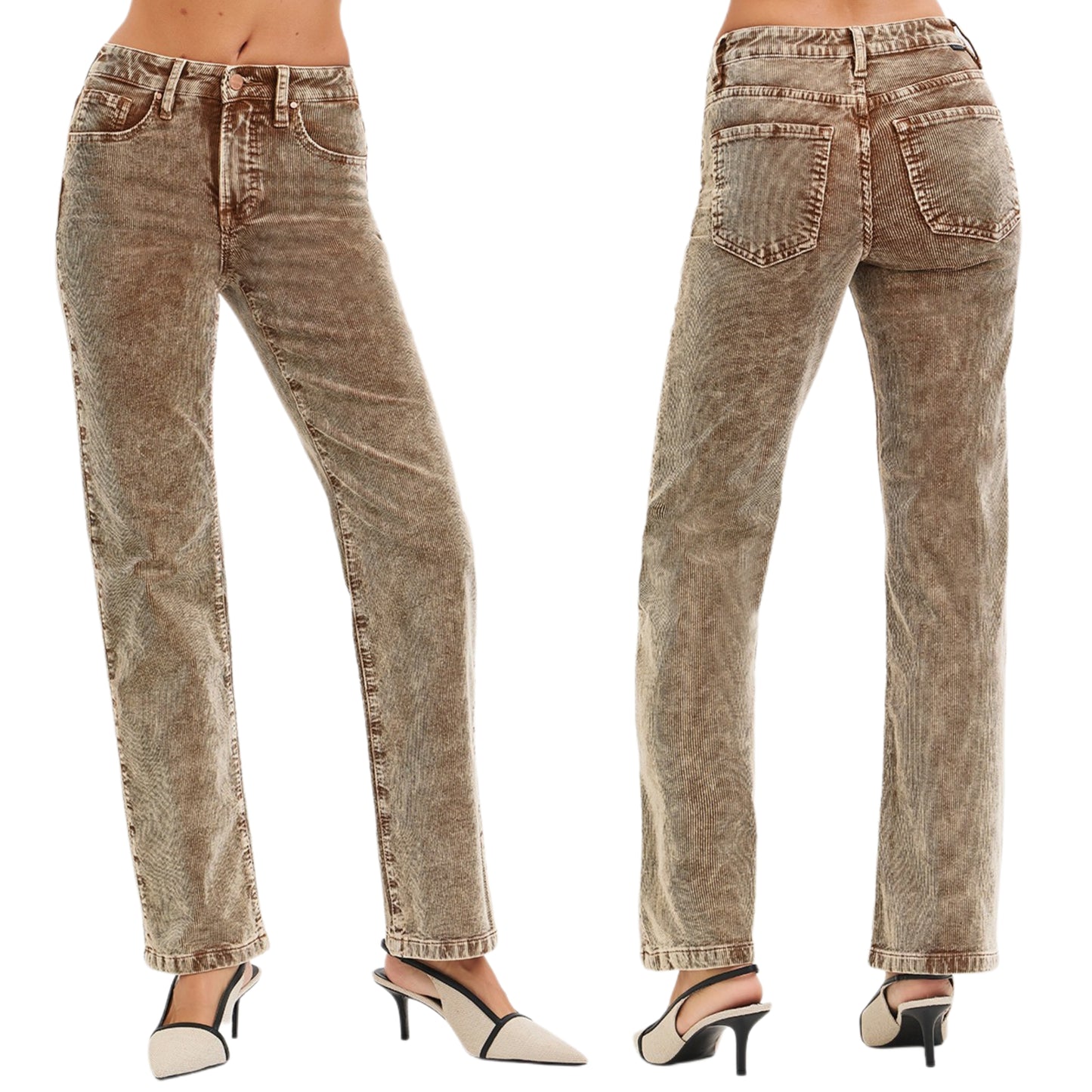 RISEN Mid-Rise Tummy Control Pants Corduroy Relaxed Fit Straight Leg Jeans