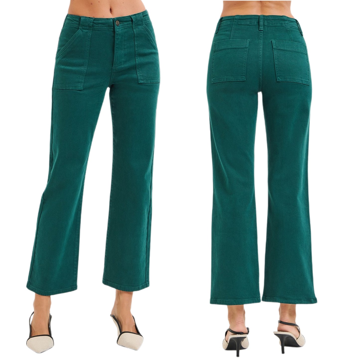 RISEN High-Rise Retro 70s Patch Pocket Cropped Denim Slim Fit Jeans Flare Pants