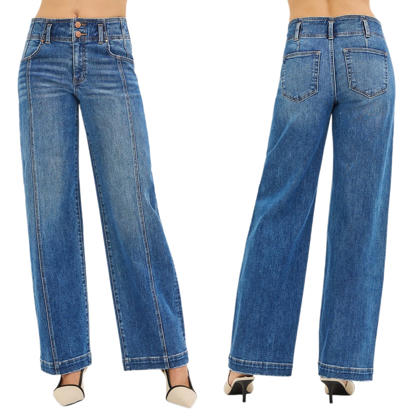 RISEN Mid-Rise Double Button Vertical Seam Pants Baggy Wide Leg Denim Jeans