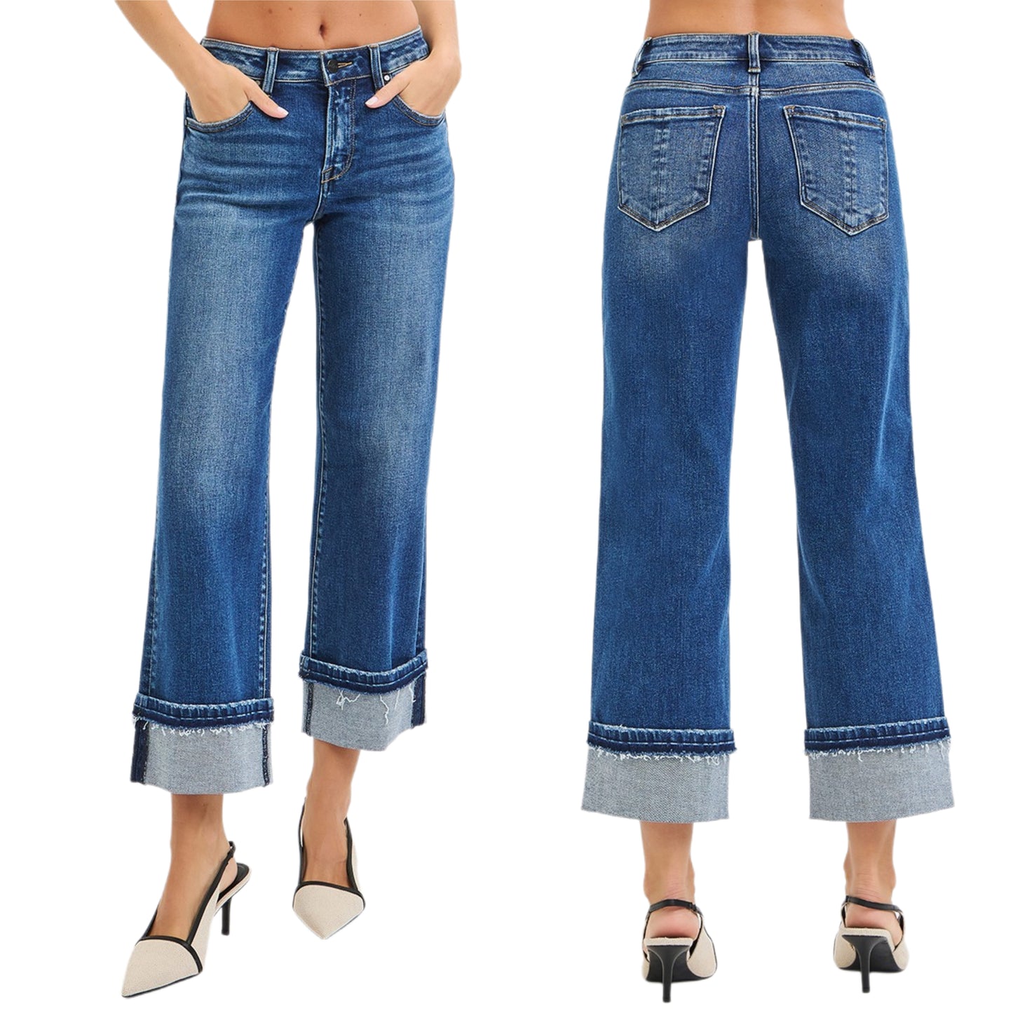 RISEN Mid-Rise Slim Fit Jeans Ankle Cuffed Raw Hem Straight Leg Denim Pants