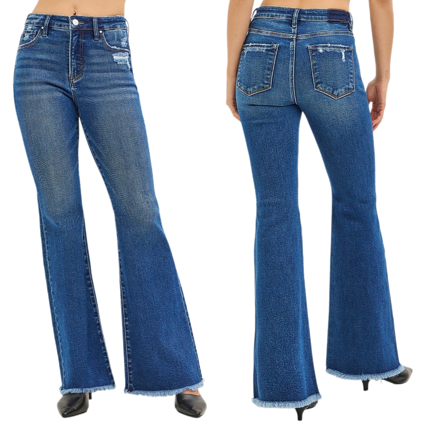 RISEN High-Rise Slim Fit 70s Flare Pants Distressed Frayed Raw Hem Denim Jeans