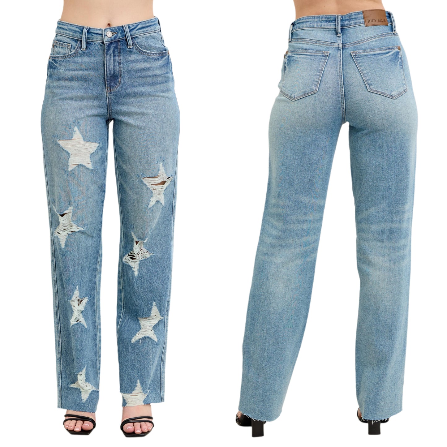 Judy Blue Rigid Magic High-Rise Tummy Distressed Star Jeans Straight Denim Pants Plus Size Available