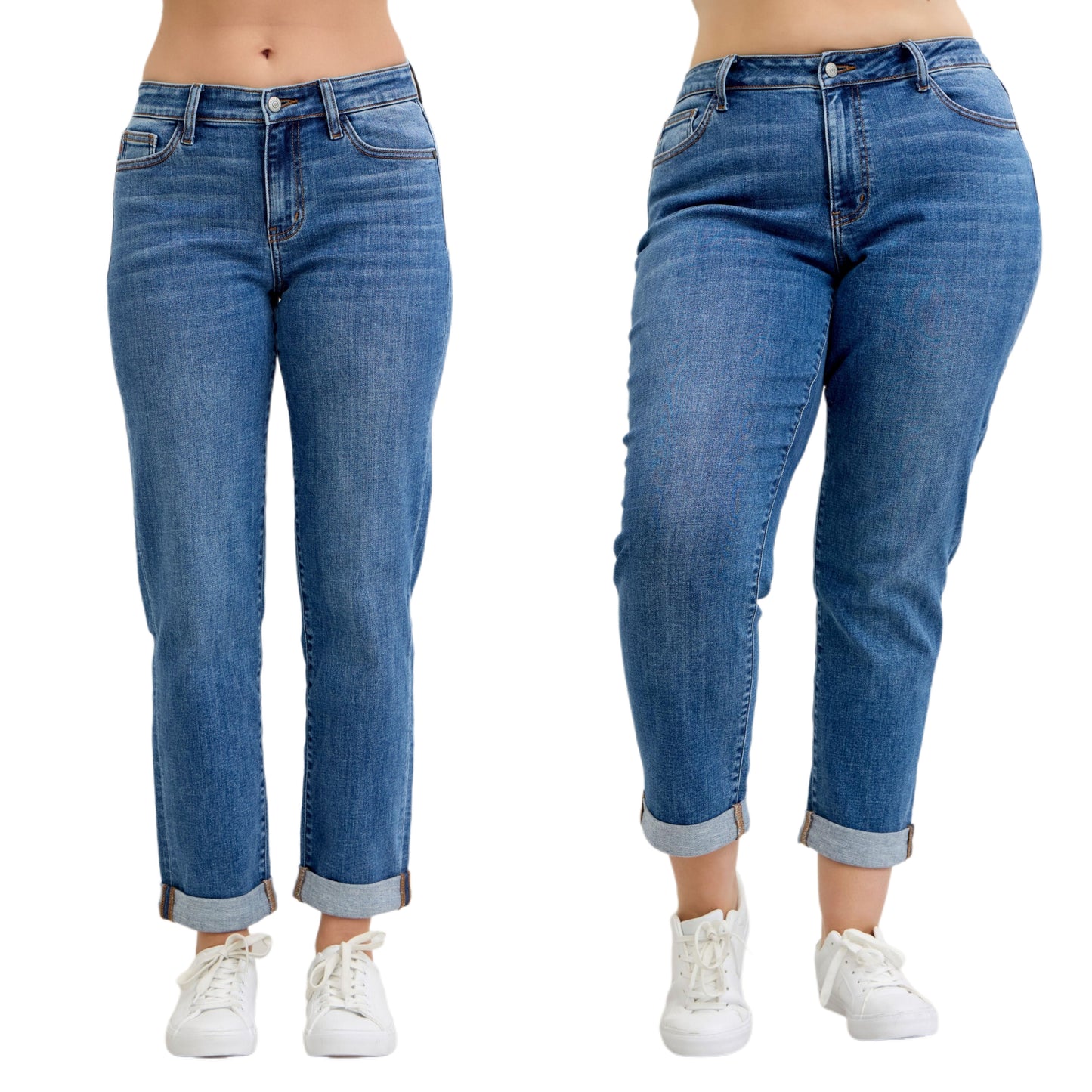 Judy Blue Mid-Rise Boyfriend Fit Jeans Cuffed Ankle Hem Straight Leg Denim Pants Plus Size Available