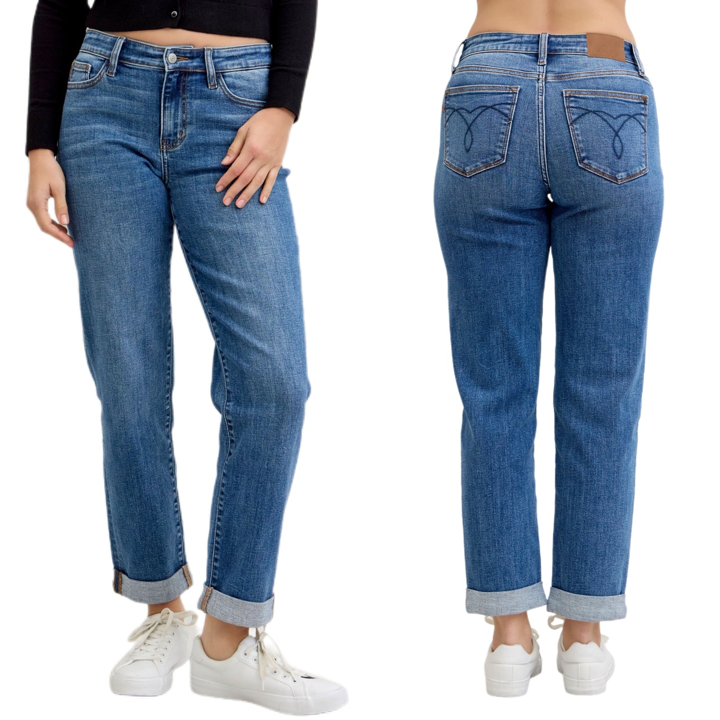 Judy Blue Mid-Rise Boyfriend Fit Jeans Cuffed Ankle Hem Straight Leg Denim Pants Plus Size Available