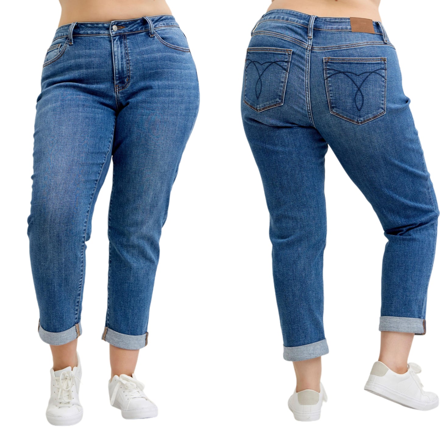 Judy Blue Mid-Rise Boyfriend Fit Jeans Cuffed Ankle Hem Straight Leg Denim Pants Plus Size Available