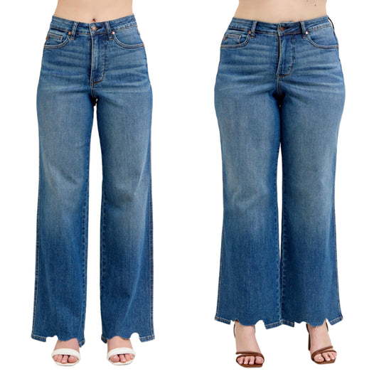 Judy Blue High-Rise Tummy Control Pants Baggy Wide Leg Cut Raw Hem Denim Jeans Plus Size Available