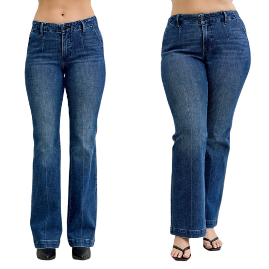 Judy Blue Mid-Rise Slim Fit Flat Front Pants Welt Pockets Denim Bootcut Jeans Plus Size Available