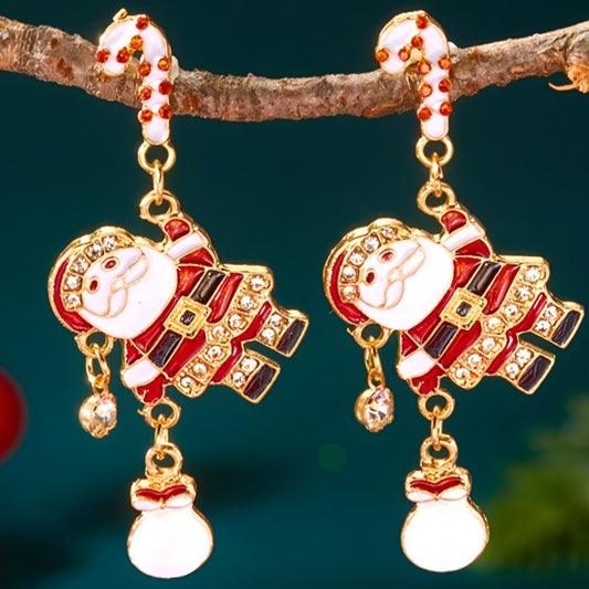 Festive Santa Candy Cane Post Dangle Earrings 18K Gold-Plated Christmas Jewelry