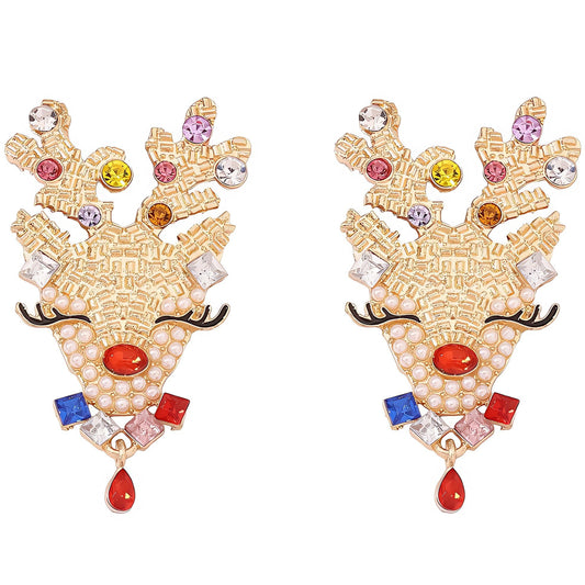 18K Gold-Plated Reindeer Crystal Rhinestone Jewel Statement Earrings Holiday Christmas Jewelry
