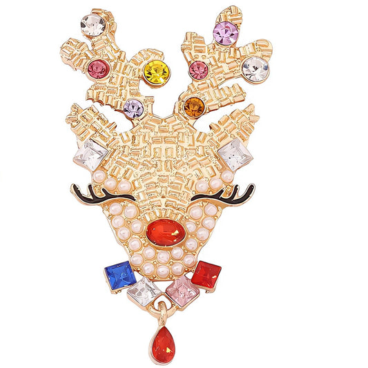 18K Gold-Plated Reindeer Crystal Rhinestone Jewel Statement Earrings Holiday Christmas Jewelry