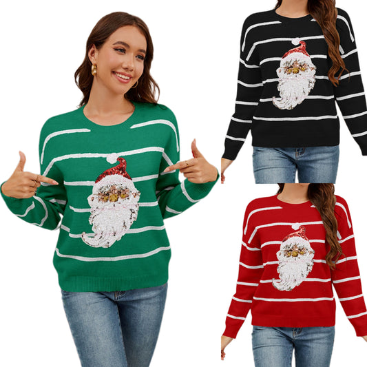 Sparkle Sequin Santa Stripe Knit Christmas Sweater Shirt Festive Holiday Pullover Top