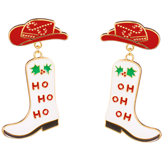 Cowboy Boot Ho Ho Ho Christmas Dangle Earrings Festive Western Cowgirl Jewelry