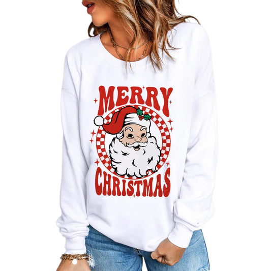 Retro Santa Merry Christmas Graphic Sweatshirt Holiday Sweater Shirt Top