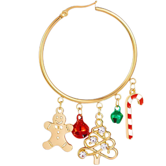 18K Gold Christmas Charm Hoop Earrings Holiday Dangle Festive Rhinestone Jewelry