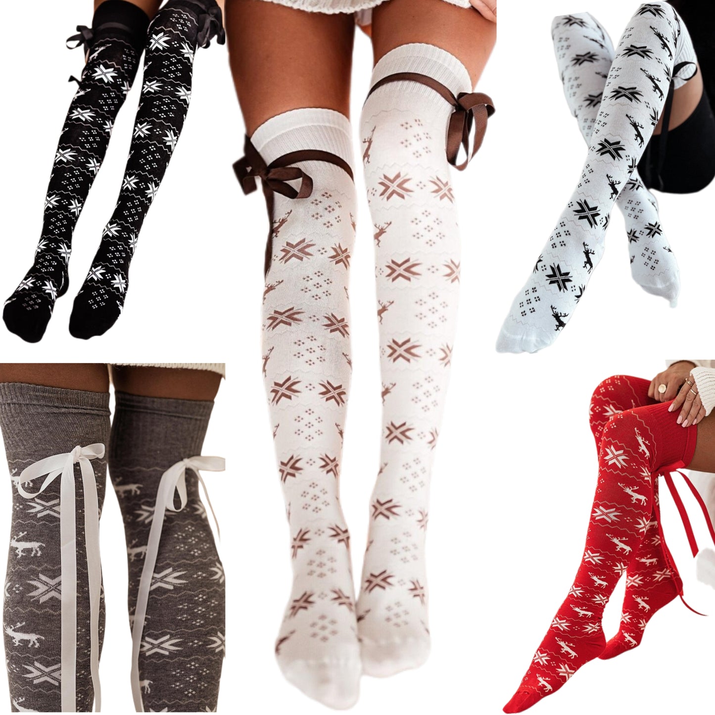 Tall Reindeer Fair Isle Over-the-knee Socks Long Ribbon Bow Contrast Festive Holiday Stockings